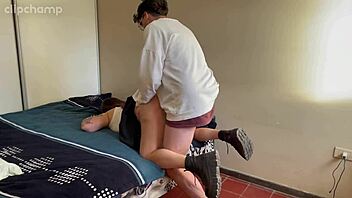 Hey, amateur college student gets bent over fucking doggystyle in skirt and socks!