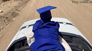 hey, that class hoe just graduated and she's celebrating with some wild outdoor action