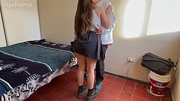 Hey, amateur college student gets bent over fucking doggystyle in skirt and socks!