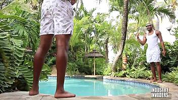 Damn, this curvy milf is taking on two huge black cocks at the resort for a wild double blowjob.