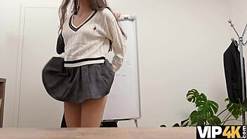 vip4k brunette teen experiences hardcore gloryhole interview with shaved pussy in office