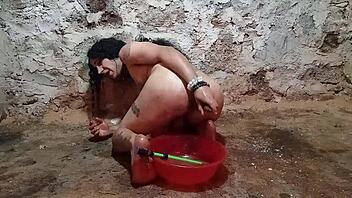 bold anal play with cucumber for shemale assfucking