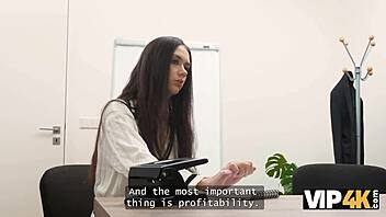 vip4k brunette teen experiences hardcore gloryhole interview with shaved pussy in office