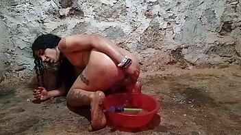 bold anal play with cucumber for shemale assfucking