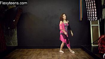 The teen hot flexible model stretches in acrobatic poses at the gym, showcasing her athletic brunette body during a teasing workout session.