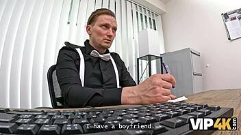 vip4k brunette teen experiences hardcore gloryhole interview with shaved pussy in office