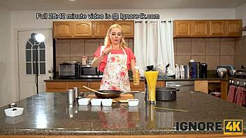 An American blonde milf engages in wild kitchen sex with her mature partner, exploring hairy pussy passionately.