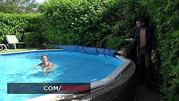 Hey, this curvy blonde babe with big tits gets intense anal sex around the pool after a handjob