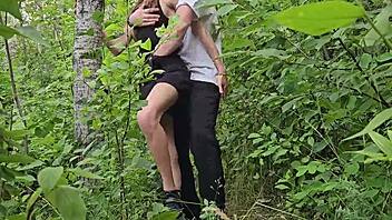 in the forest, a brunette student in a dress experiences a quick end to her long outdoor walk