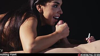 I feel so slutty as brunette latina smoking cigarette during cowgirl riding with handjob cumshot