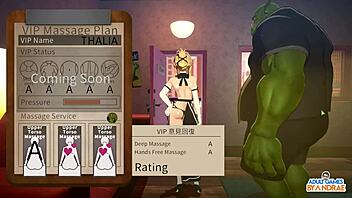 In episode five, Thalia savors intense doggystyle positioning near the table in a steamy orc massage scene.