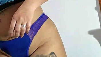 Exhibitionist tries on lycra panties while masturbating for fan