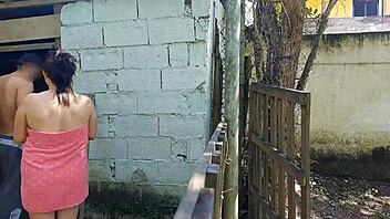 Married Woman In Towel Calls Caretaker For Shower Help And Pays With Outdoor Sex