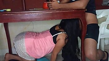hidden lover sneaks under the table to give an intense amateur blowjob to this horny latina teen