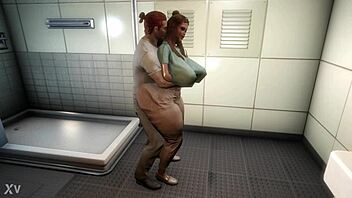 Asian milf takes big tits blonde in bathroom doggystyle pounding