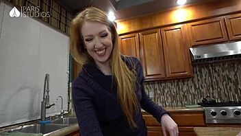 redhead and brunette tempt stranger with double blowjob and cum swallow in kitchen