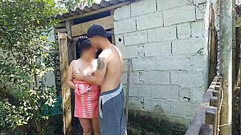 Married Woman In Towel Calls Caretaker For Shower Help And Pays With Outdoor Sex