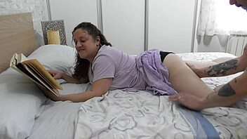 Licking that huge ass of the sensual European brunette in lingerie on the bed