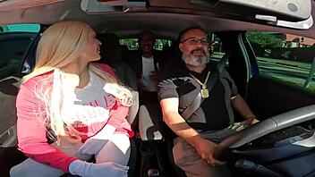 Tifanny Wilson and Latrell pick up Elisa Ferraz for a wild car ride. They enjoy blowjobs and bareback fun in public.