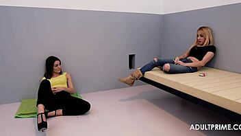 Three prisoners handle intense anal action with tattooed brunette, including rimjob and gaping in FFM group.