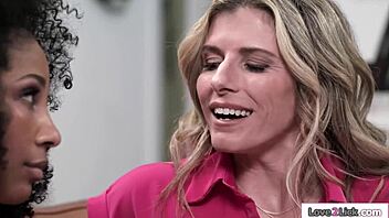 busty milf lets ebony friend lick her shaved pussy in girl on girl action