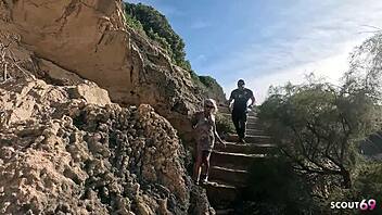 German fit mature wife Sophie Logan with big tits cheats at public beach with deepthroat blowjob and rough riding until cum in mouth