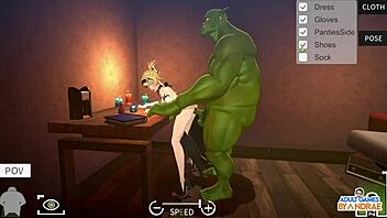 In episode five, Thalia savors intense doggystyle positioning near the table in a steamy orc massage scene.