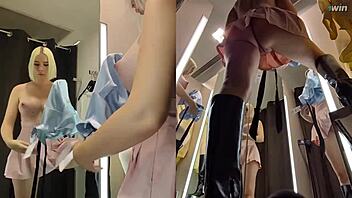 Hidden camera captures blonde amateur in changing room with upskirt view on juicy pussy and big ass outdoors.