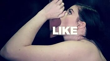 brunette drops to her knees hinting at sucking multiple dicks through the gloryhole