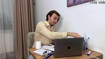 horny boss pulls pantyhose down for employee to lick her wet pussy