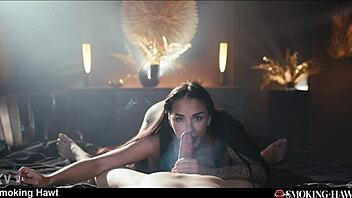 I feel so slutty as brunette latina smoking cigarette during cowgirl riding with handjob cumshot