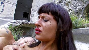 Watch this outdoor LESBIAN couple get ROUGH fucked by a HOMELESS man in bisexual threesome!