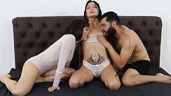 Threesome with Japanese and white girl getting ass fucked hard with gapes and squirt!