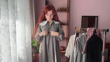 library girl shows off cute redhead cosplay in big ass stockings and nerdy petite lingerie