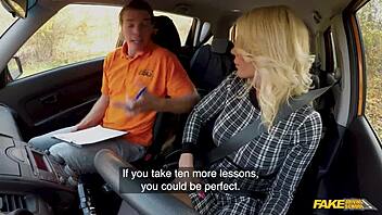 hey fake driving school this blonde milf with huge boobs loves riding big dick outdoors in car. She's mature and gives blowjob with cumshot.