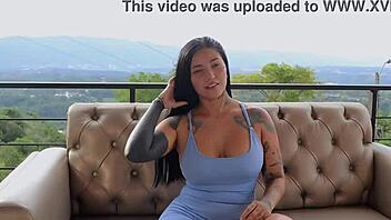 Workout session with tattooed latina turns into sensual pussy licking and cock riding in threesome