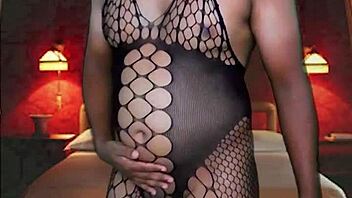 Check out this try-on haul in full body stocking from naked with blue masquerade mask collared in sexy room