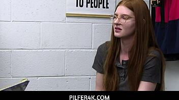 Redhead shoplifter jane rogers caught by officer jovan jordan in garage office punished with fucking to escape charges