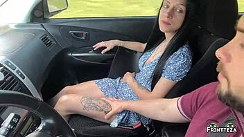 So this stepmom surprises her stepson with an intense deepthroat in the car leading to a creamy throatpie finish.