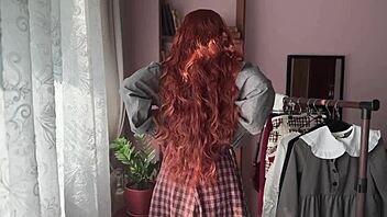 library girl shows off cute redhead cosplay in big ass stockings and nerdy petite lingerie