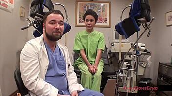 Hey, check out Sandra Chappelle as the problematic patient with her curly hair and small tits in this backstage latex glove scene!