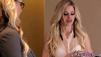 Blonde lesbian cutie rides toy in high definition while her babe partner joins for fingering fun