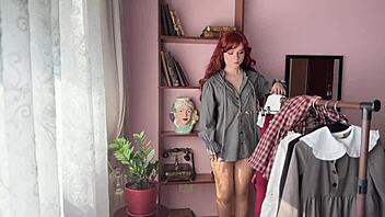 library girl shows off cute redhead cosplay in big ass stockings and nerdy petite lingerie