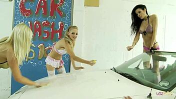 nympho lesbians at the car wash cant keep excitement so they make each other cum with dildos