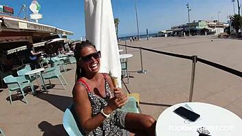 The street pickup leads to a blowjob where she handles his huge clit and big tits eagerly.