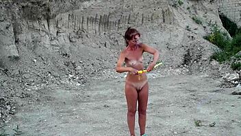 soap bubbles outdoor fun with mature wife getting naked