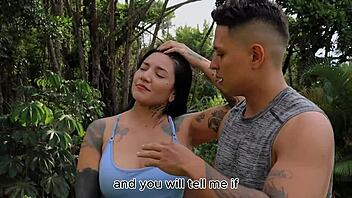 Workout session with tattooed latina turns into sensual pussy licking and cock riding in threesome