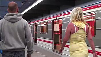 imagine a subway train turning into a public gangbang threesome with a girl boasting big tits getting banged outdoors