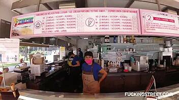 The street pickup leads to a blowjob where she handles his huge clit and big tits eagerly.