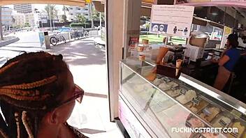 The street pickup leads to a blowjob where she handles his huge clit and big tits eagerly.